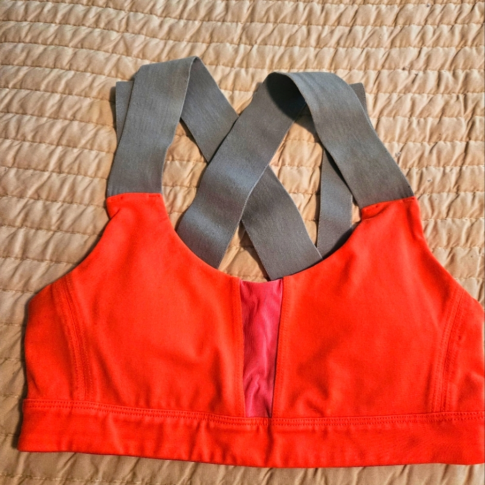 Alo yoga hot coral and gray sports bra